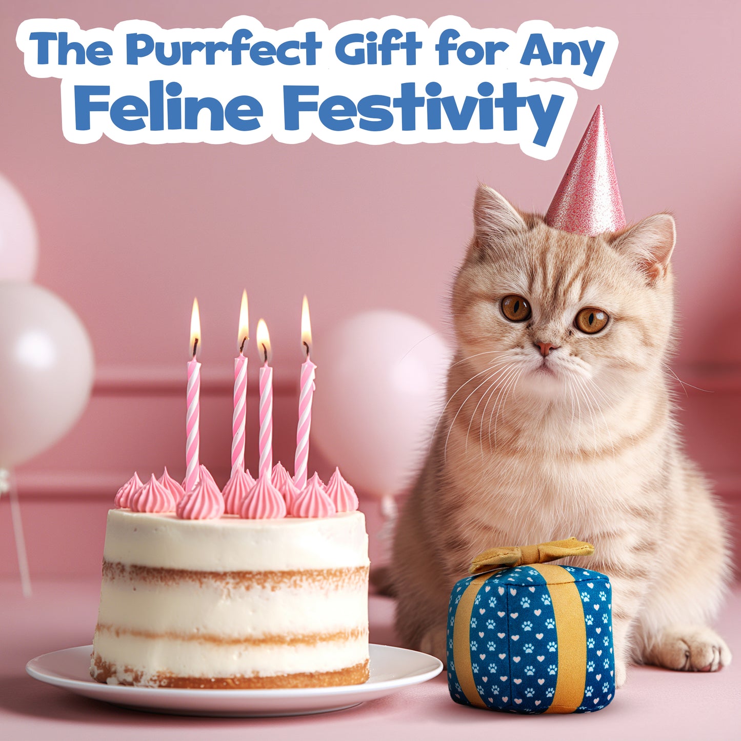 A fluffy cat with a party hat sits beside a festive cake