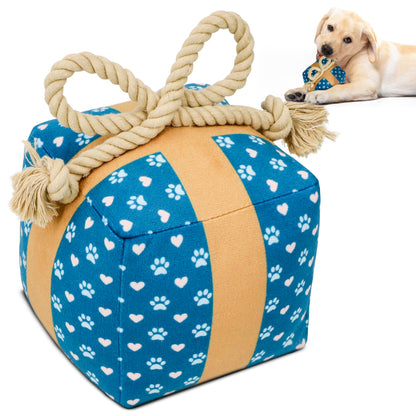 Gift Box Squeaky Dog Toy – Birthday Present Dog Toy with Crinkle Paper and Rope Bow, Durable & Plush for Tug of War and Chew Play