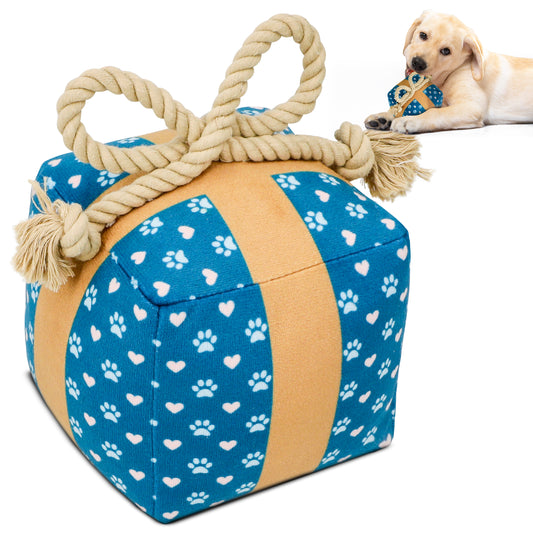 Gift Box Squeaky Dog Toy – Birthday Present Dog Toy with Crinkle Paper and Rope Bow, Durable & Plush for Tug of War and Chew Play