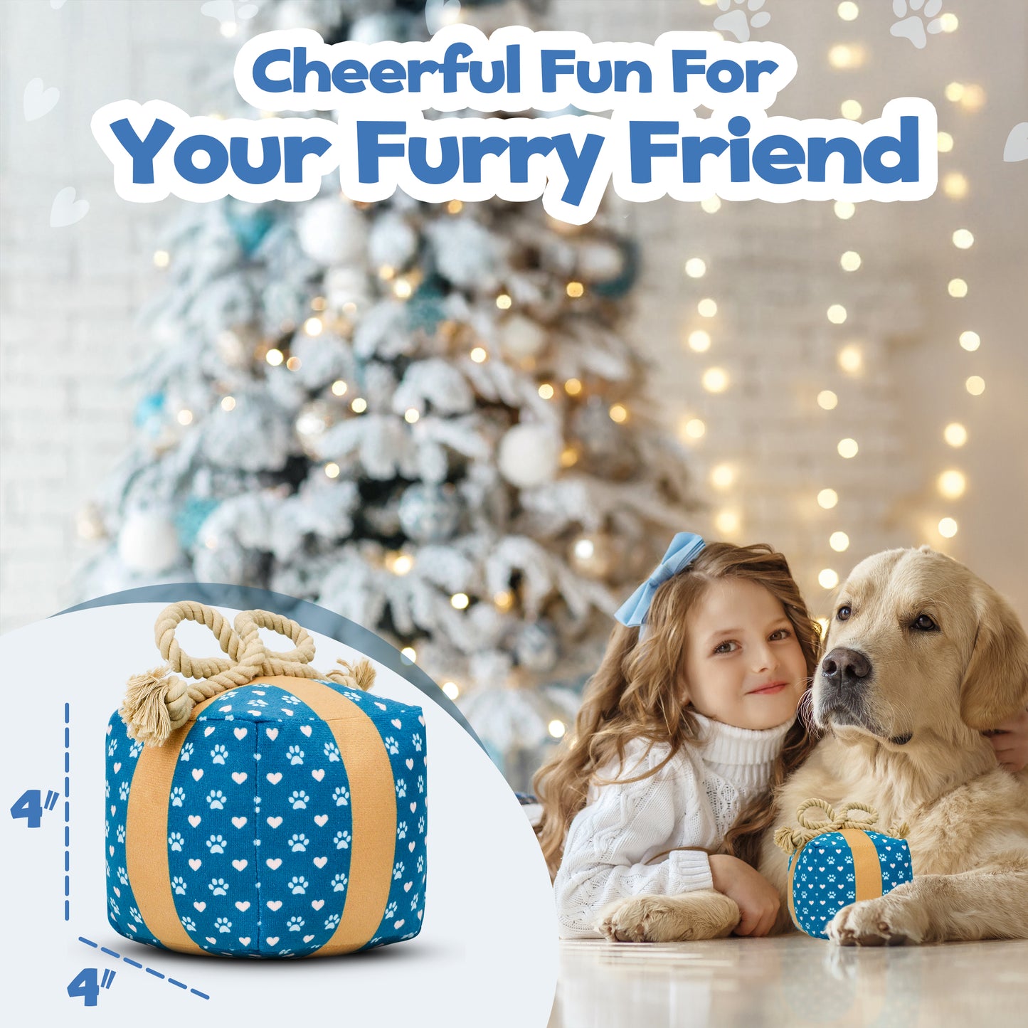 Gift Box Squeaky Dog Toy – Birthday Present Dog Toy with Crinkle Paper and Rope Bow, Durable & Plush for Tug of War and Chew Play