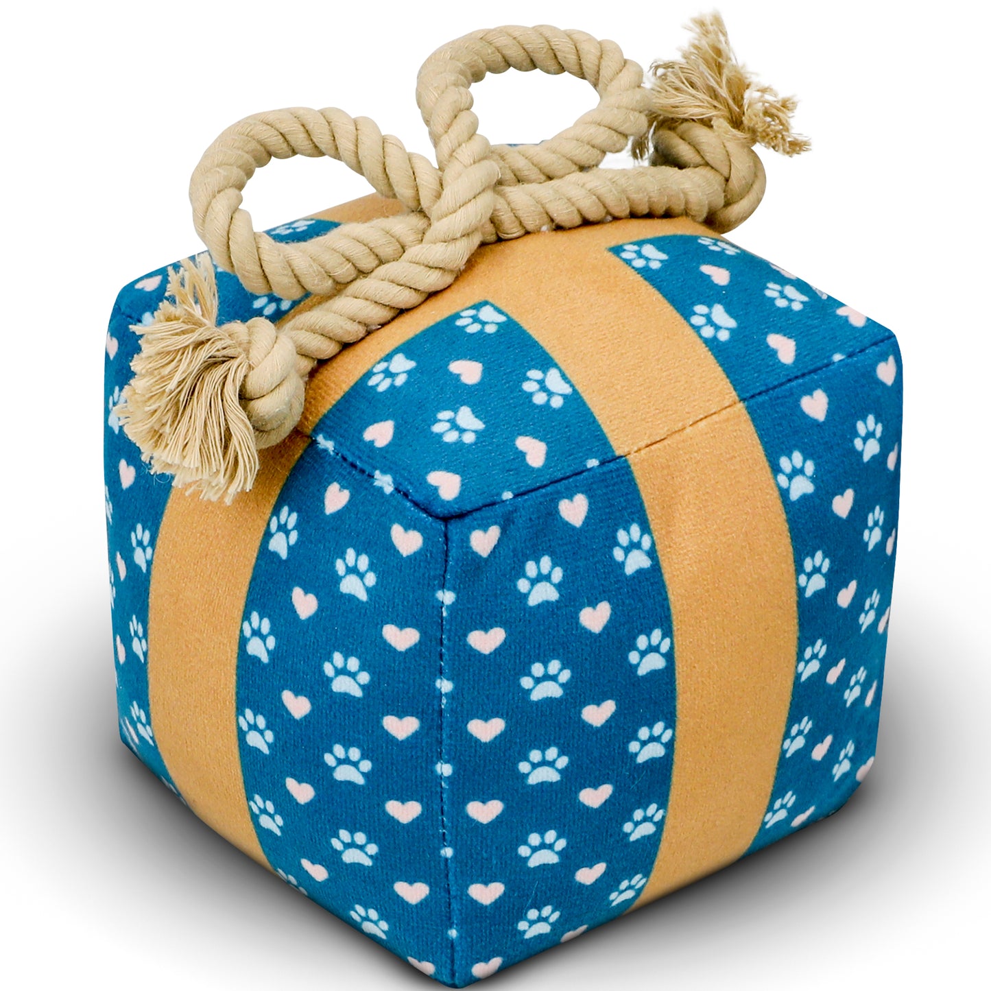 Gift Box Squeaky Dog Toy – Birthday Present Dog Toy with Crinkle Paper and Rope Bow, Durable & Plush for Tug of War and Chew Play